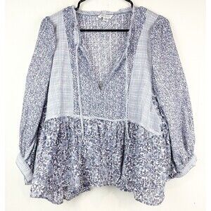 American Eagle Peasant Boho Blue Airy Flowy Cotton Top Blouse, Medium